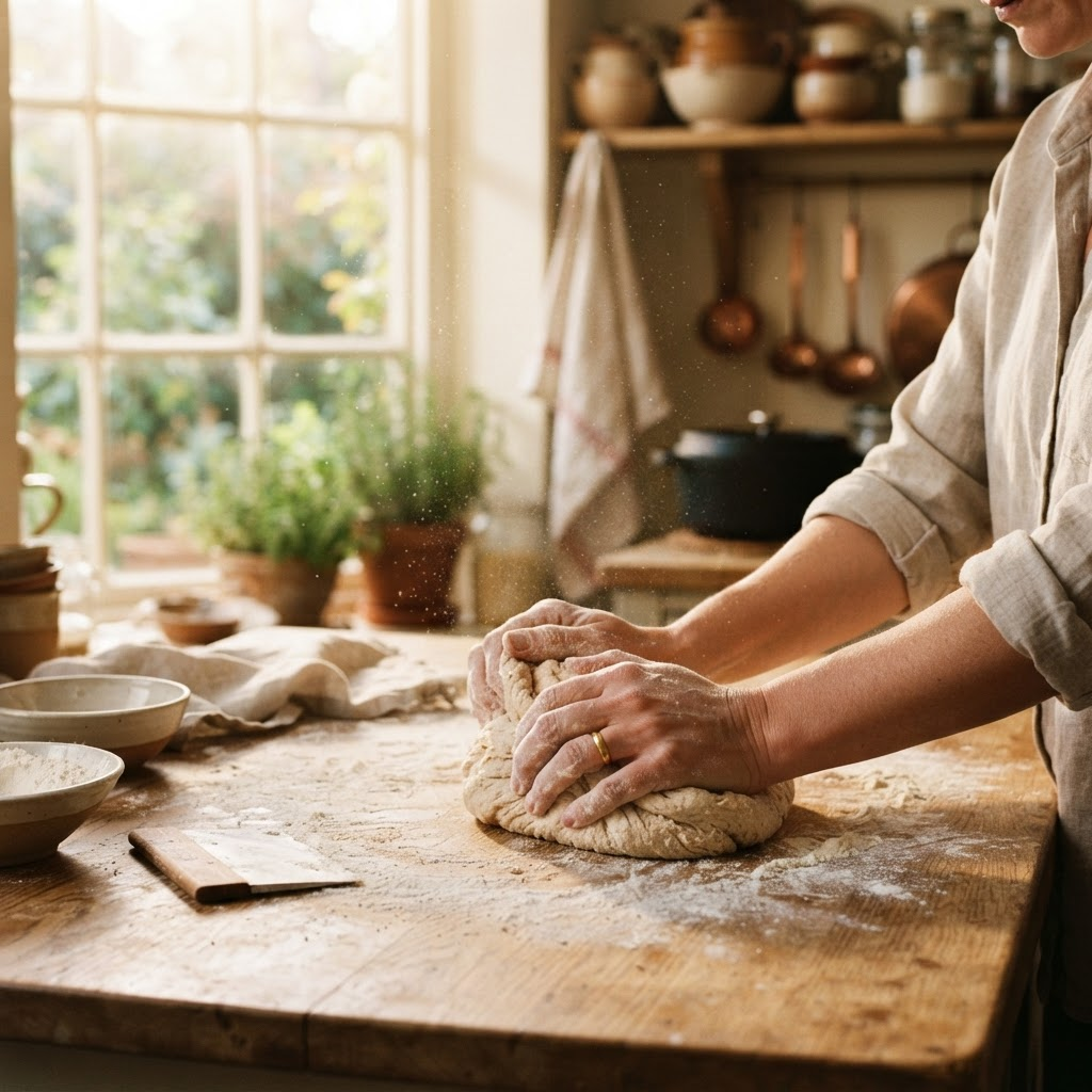 Freshly baked bread and pastries on a wooden kitchen counter