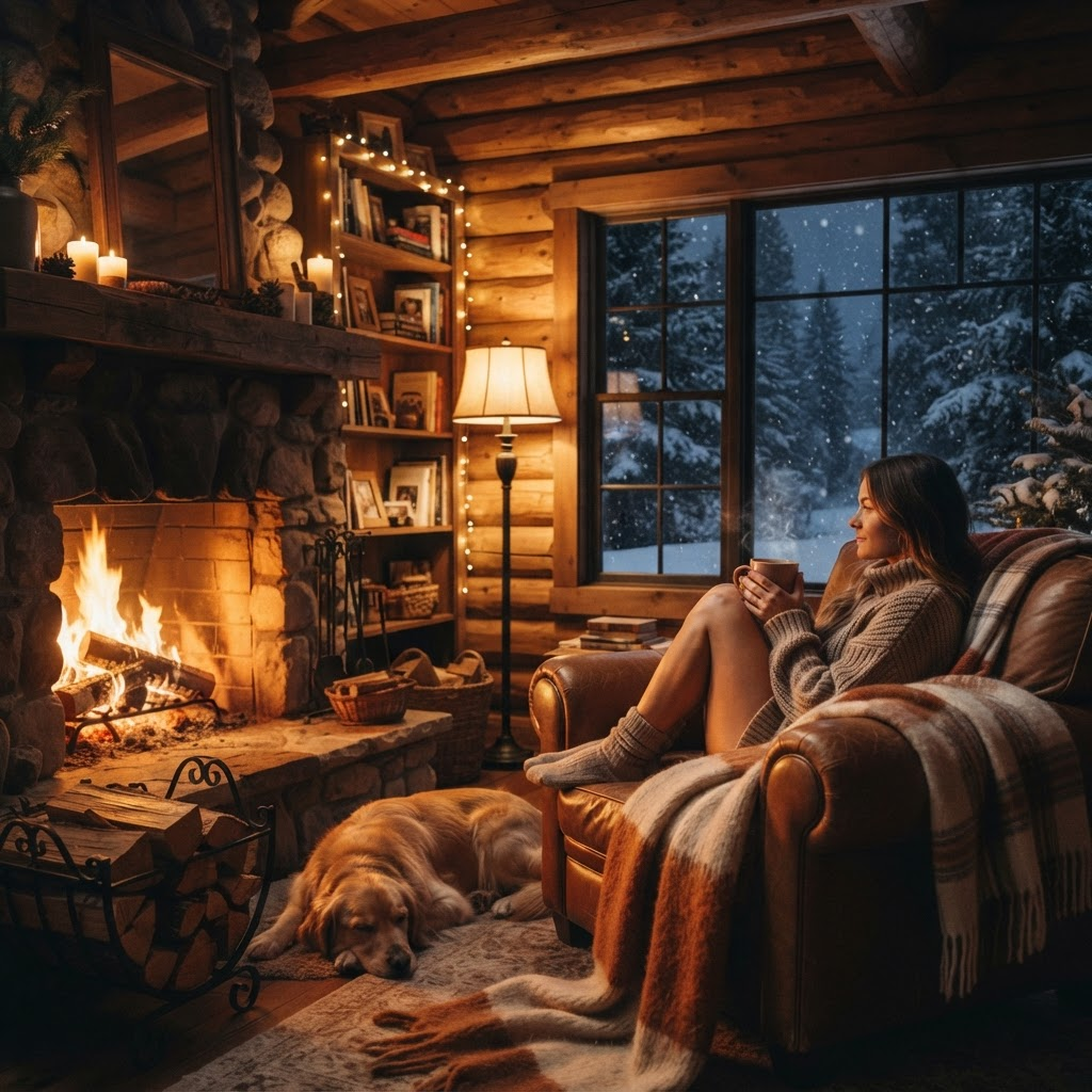 A cozy wooden cabin interior with a glowing fireplace on a winter night
