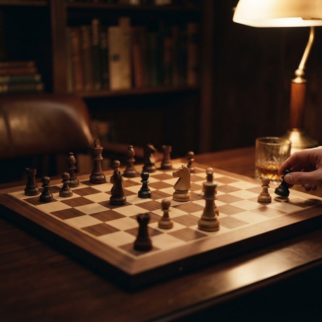 A chessboard mid-game with thoughtful hands considering a move