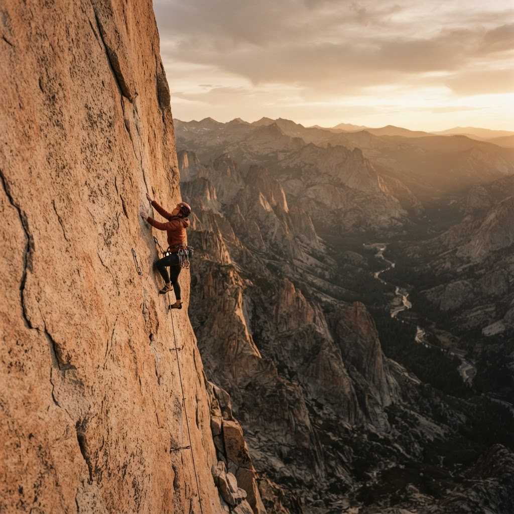 A climber high on a sunlit granite wall at golden hour