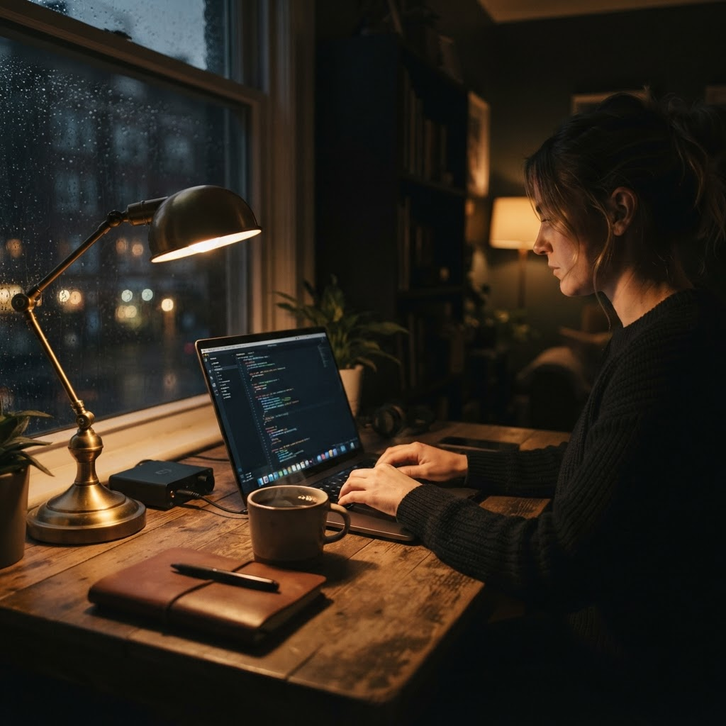 A dim home desk at night lit by a warm lamp and a laptop screen