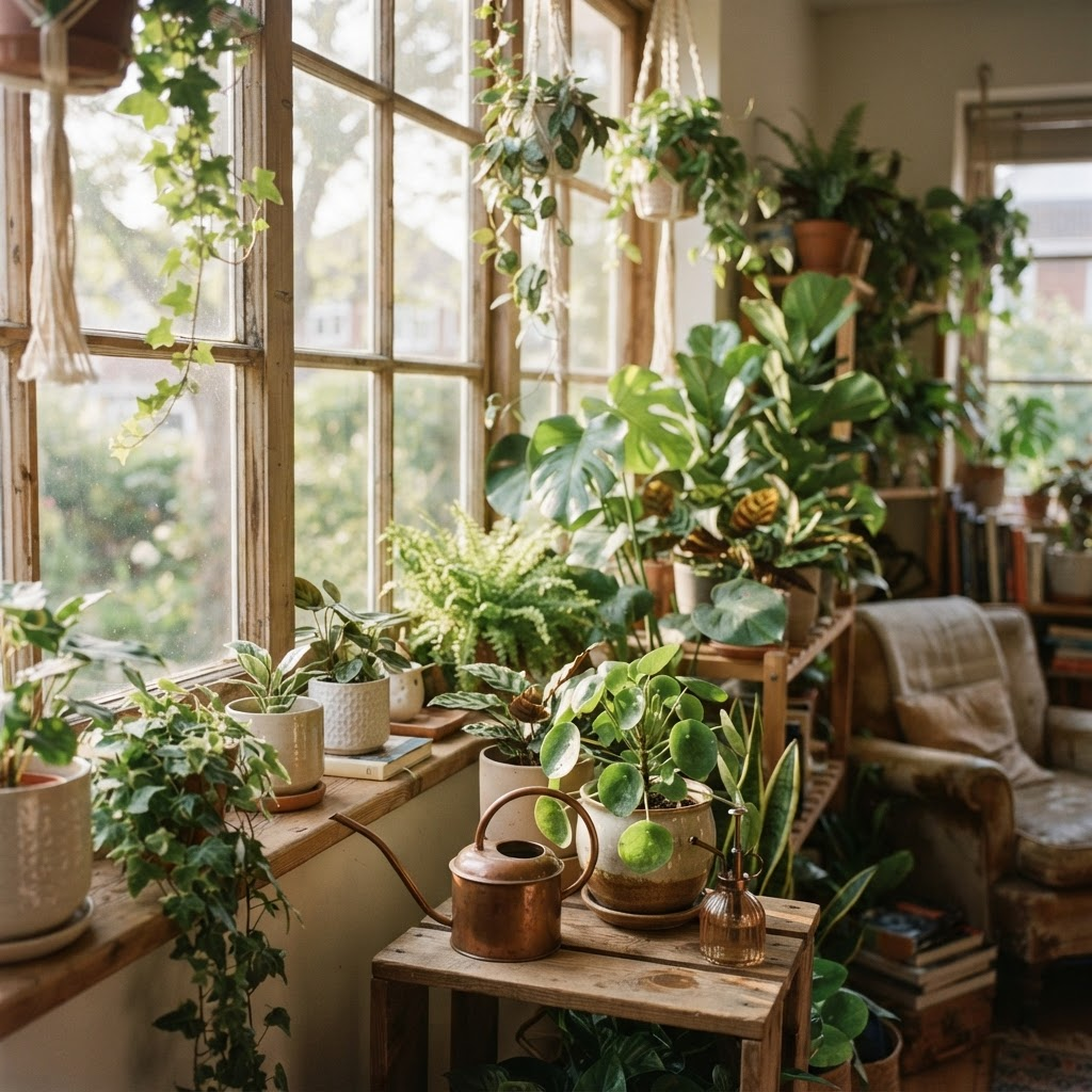 Lush green houseplants in a bright sunny room with morning light