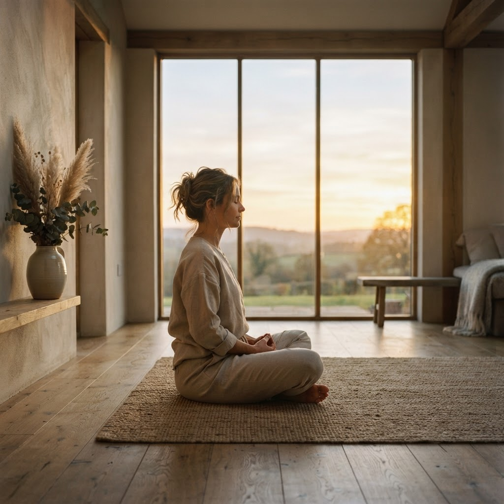 A person meditating peacefully in a serene natural setting at sunrise