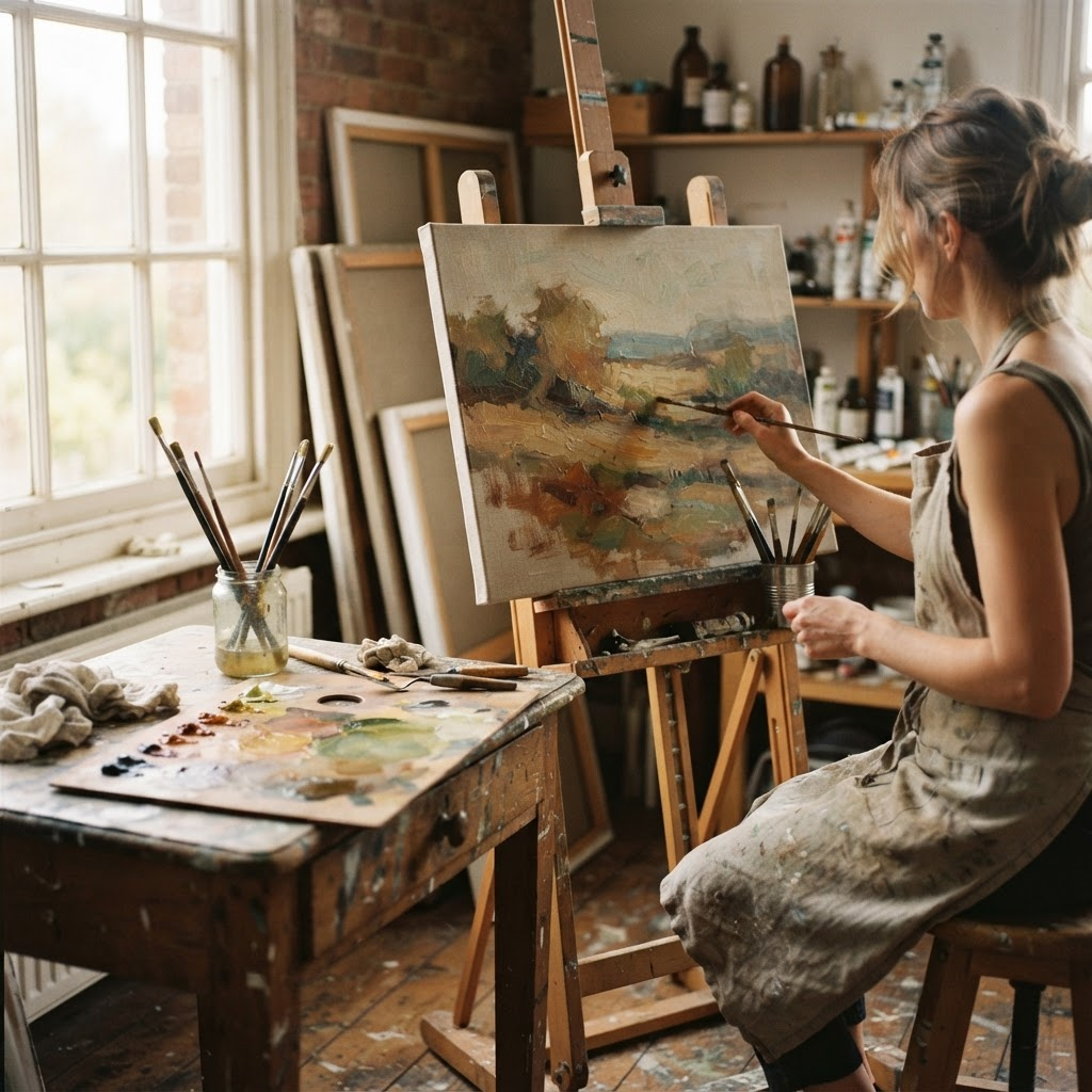 An artist's hands mixing oil paints on a palette with a canvas in progress
