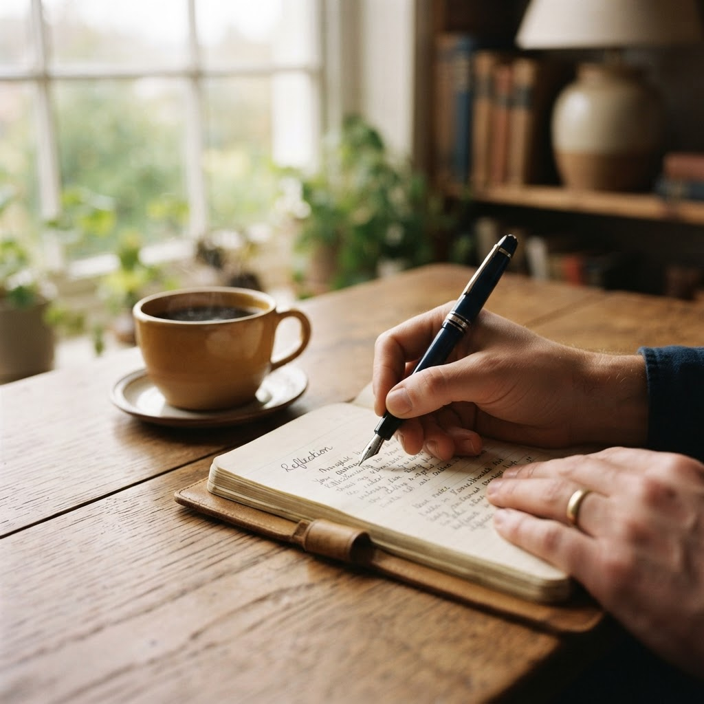 A notebook with handwritten poetry and a fountain pen on a wooden desk