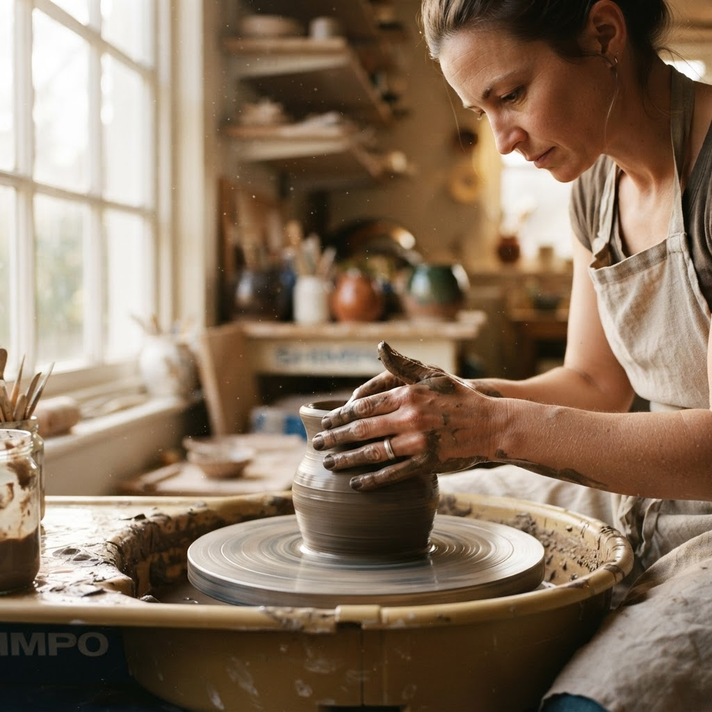 Hands shaping wet clay on a spinning pottery wheel in a sunlit studio
