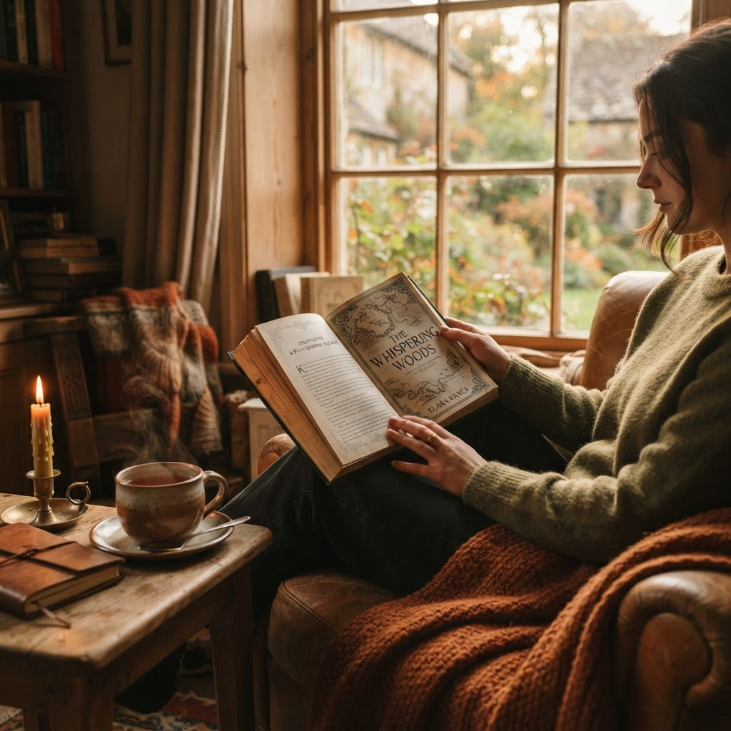 An open fantasy book with magical glowing illustrations in a cozy reading nook