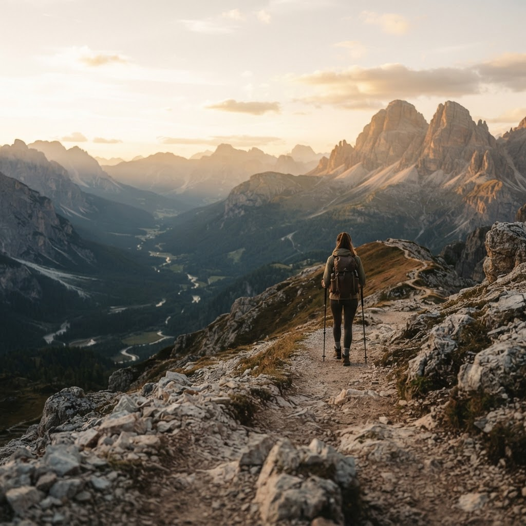 A lone hiker on a mountain trail with expansive valley views