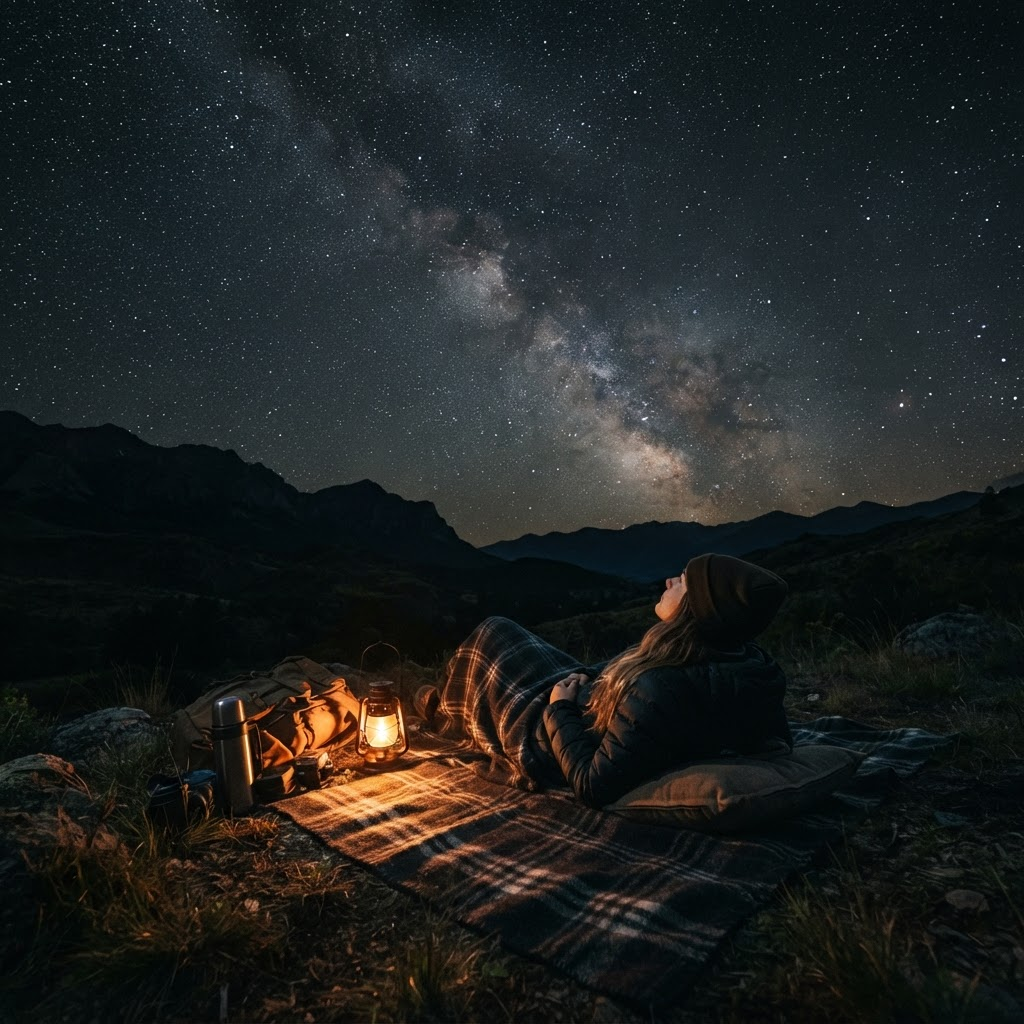 A person lying under a vast star-filled night sky