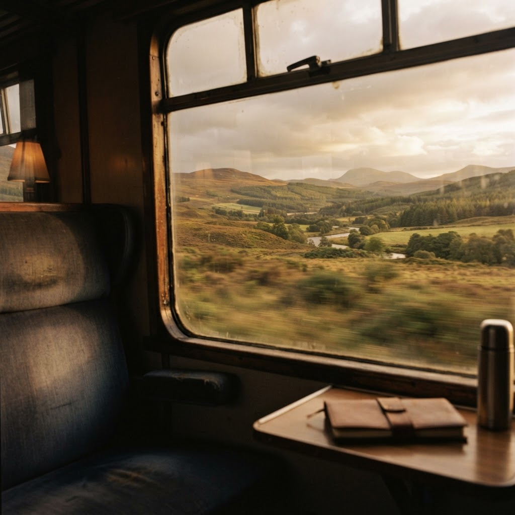 A scenic train journey through mountains and valleys from a window seat